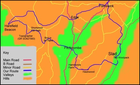 Our route from Painswick via Harefield Beacon to Slad .